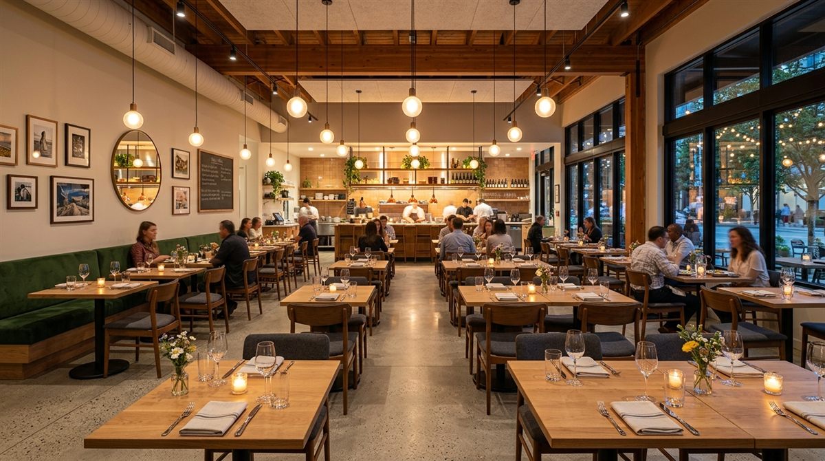 Modern restaurant dining room with arranged tables and warm lighting