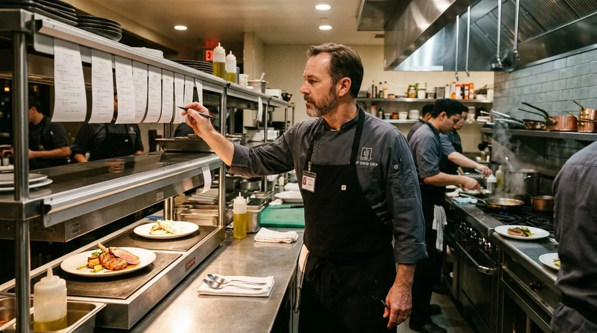 Chef reviewing kitchen order tickets at the pass in a professional restaurant kitchen