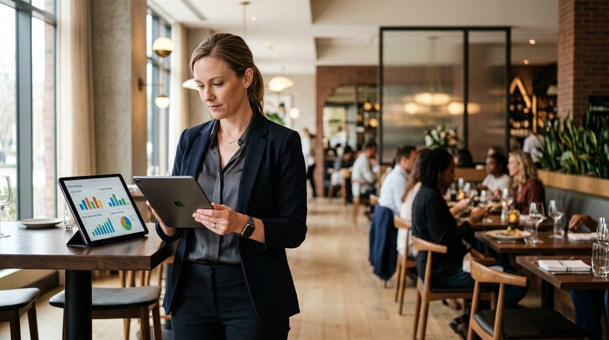 Restaurant manager reviewing sales reports on a tablet