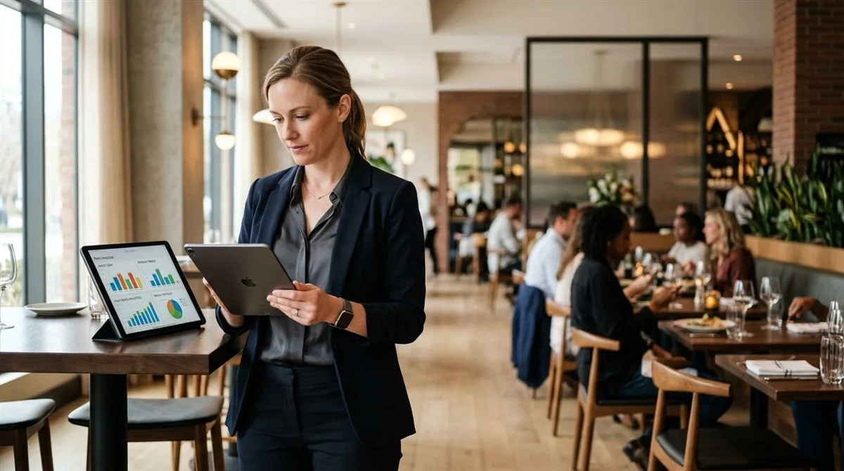 Restaurant manager reviewing sales analytics on a tablet in a modern dining room