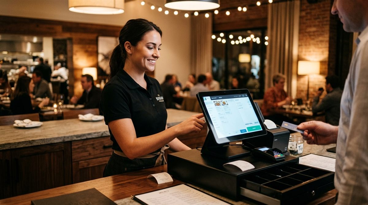 Restaurant cashier processing an order on a touchscreen POS terminal